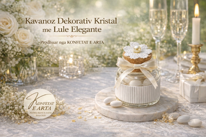 Kavanoz Dekorativ Kristal me Lule Elegante nga KONFETAT E ARTA, konfete dasme e personalizuar, kavanoz dekorativ, kavanoz kristal, konfete me lule, konfete transparente dhurate per dasme, konfete elegante per evente, konfete me bajame