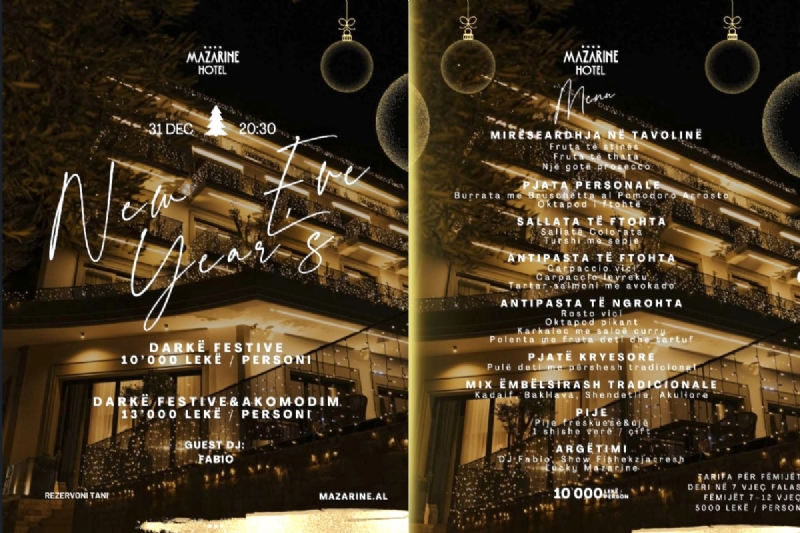 100€ Darke festive e Vitit te Ri ne Mazarine Hotel, Festa e Vitit te Ri 31 Dhjetor, darke festive mazarine hotel, menu speciale Vit i Ri Mazarine Hotel, darke e Vitit te Ri dhe akomodim, muzik live dj fabio